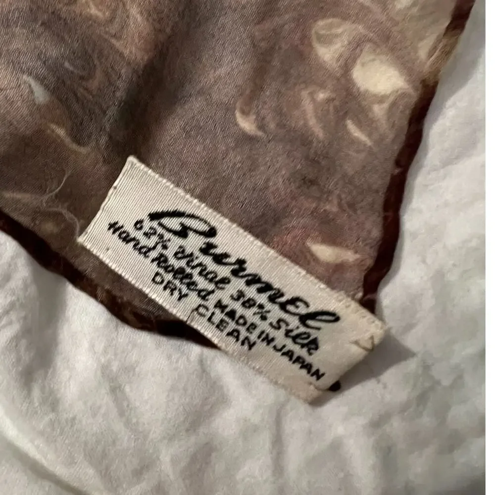 Vintage BURMEL Silk Scarf Square Beige Abstract Mod Japan Hand Rolled Rare